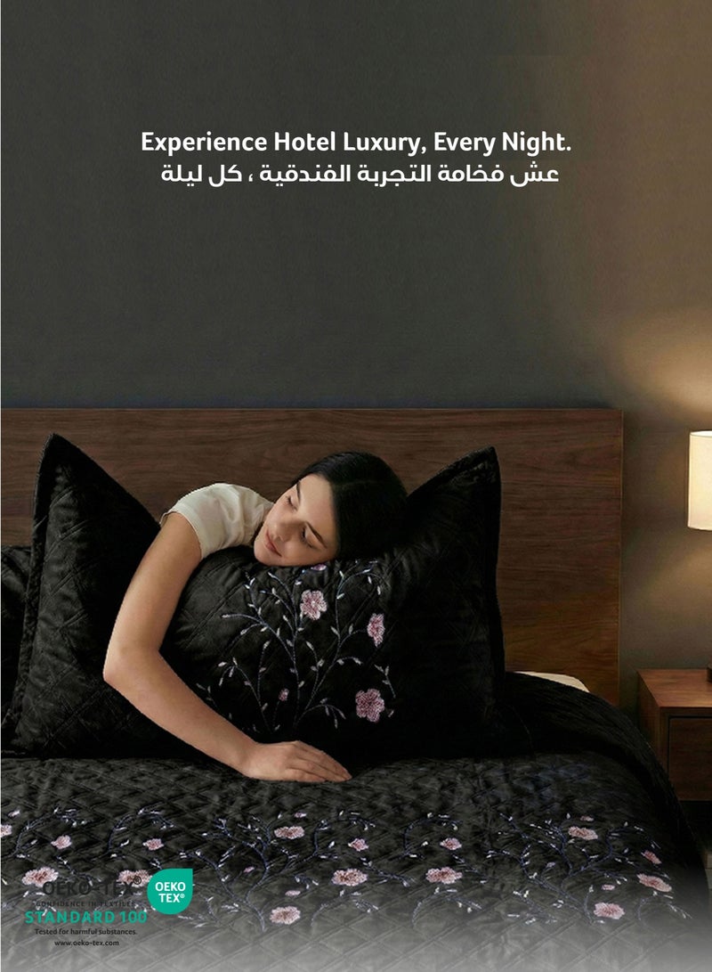 كوتون هوم Cotton Home Velvet Quilt Set 3-Piece Diamond Quilted Bedspread Set 220×240cm with two pillow case Black - Image 3